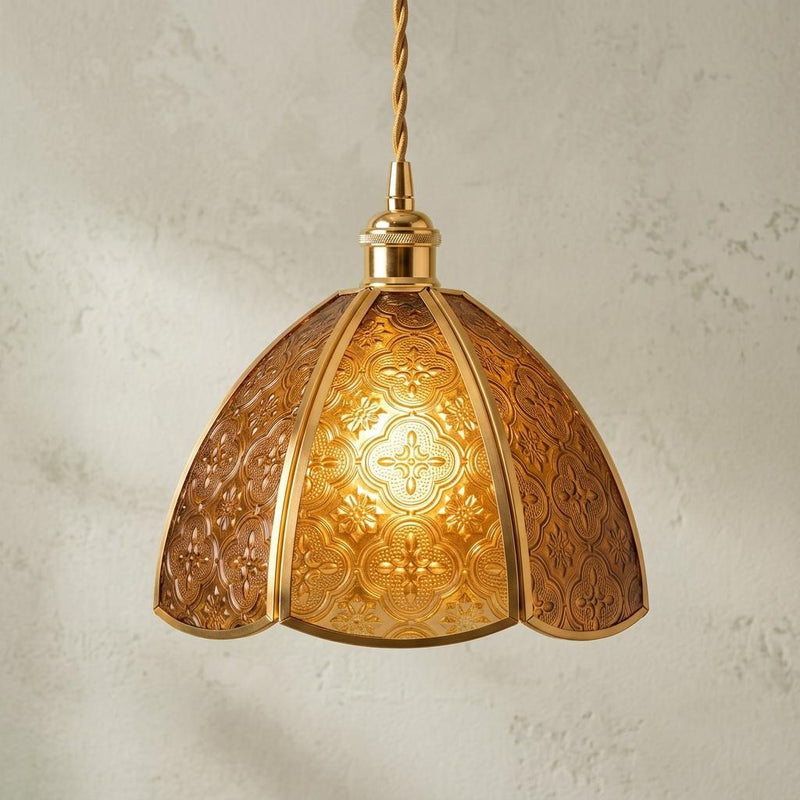 Amber Embossed Floral Glass Pendant Light, Vintage Golden Dome Hanging Lamp