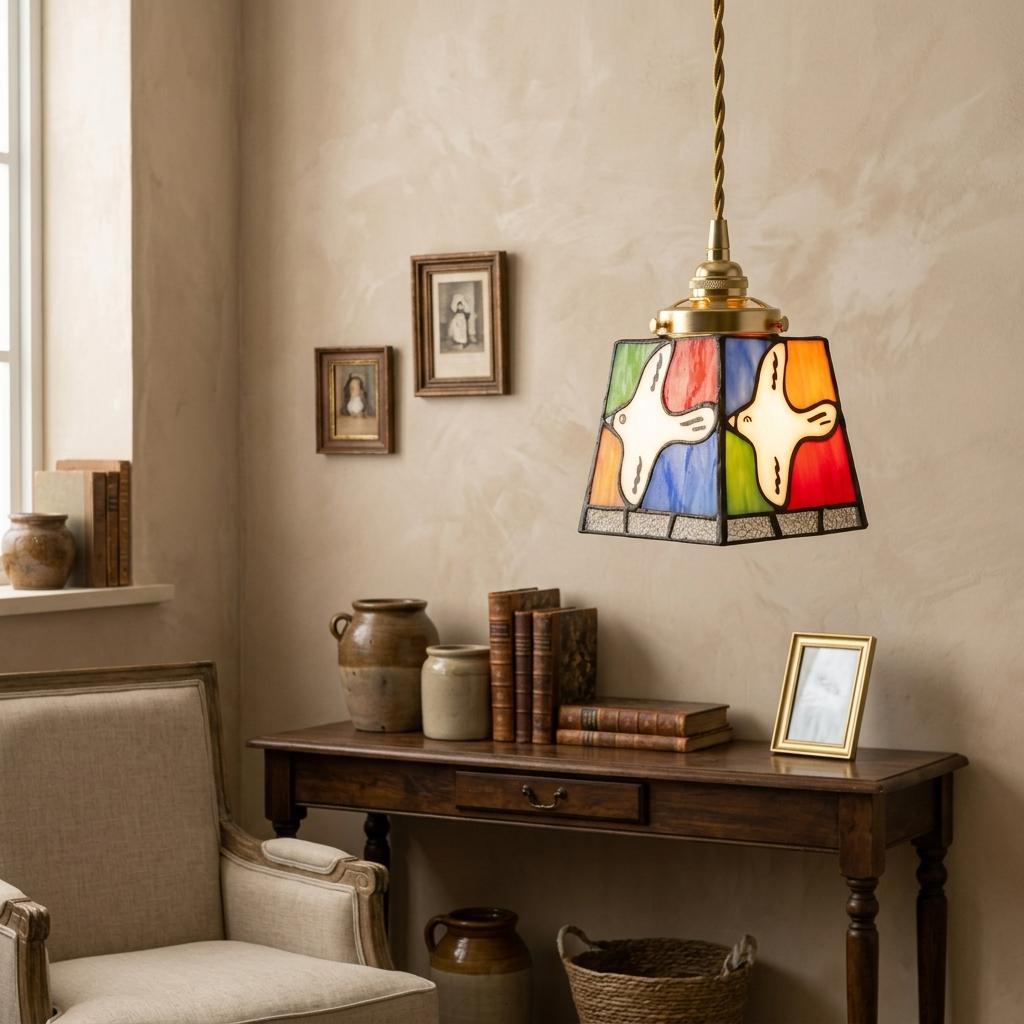 Handmade Stained Glass Pendant Light, White Bird Hanging Lamp, Colorful Boho Fixture