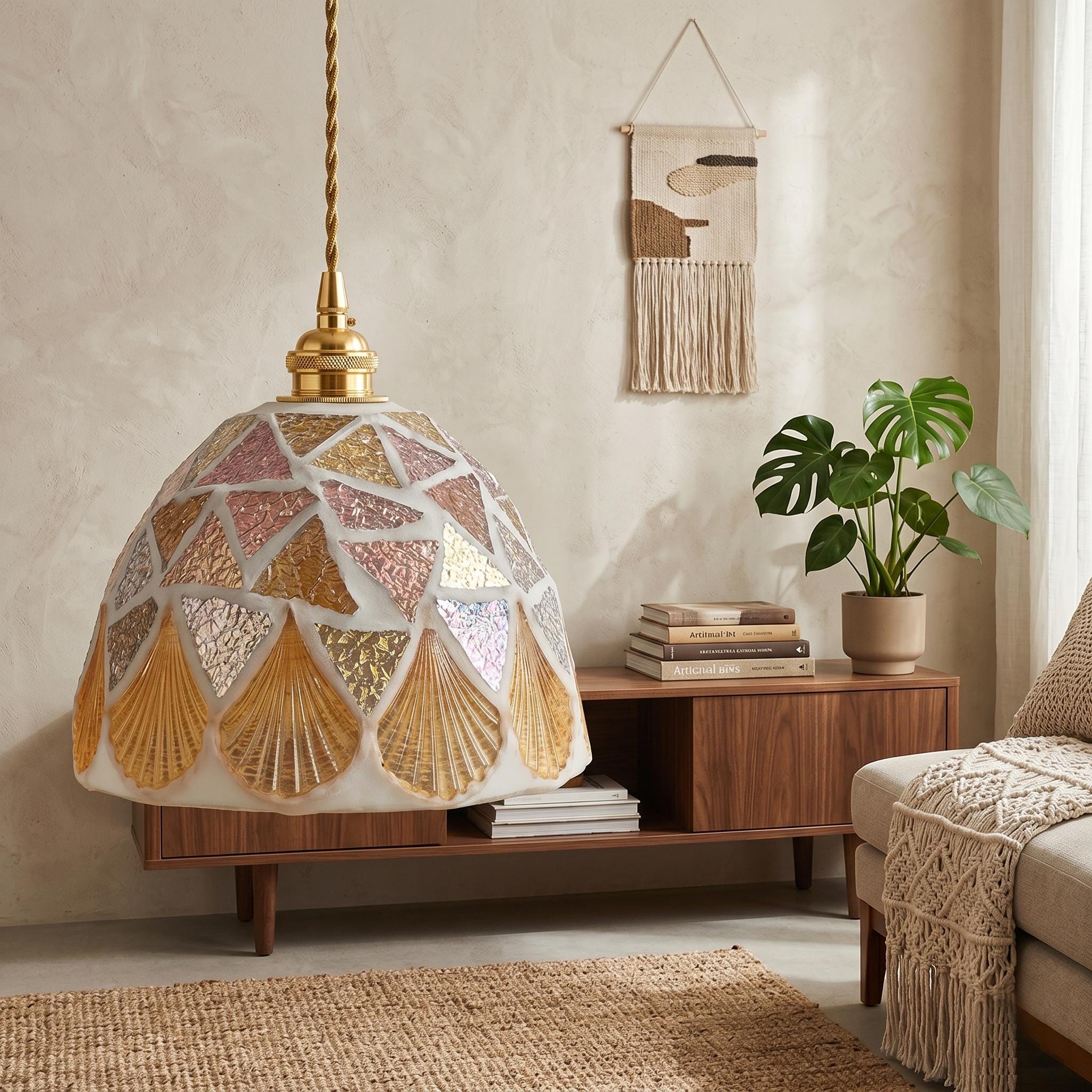 Handmade Mosaic Shell Pendant Light, Coastal Art Glass Hanging Lamp, Beach House Lighting
