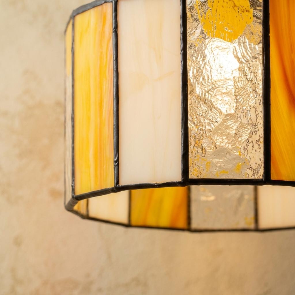 Amber Cream Stained Glass Pendant Light, Geometric Drum Hanging Lamp, Mid Century Decor