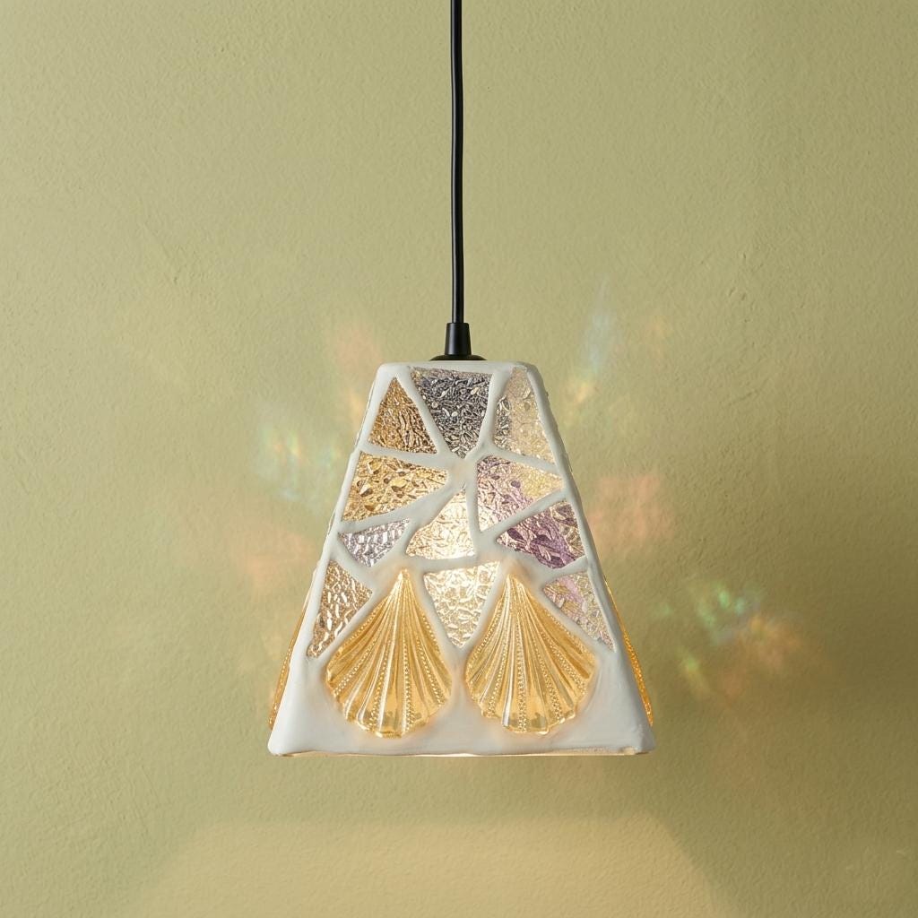 Handcrafted Mosaic Glass Pendant Light , Amber Lavender Seafoam Shell Art Lamp