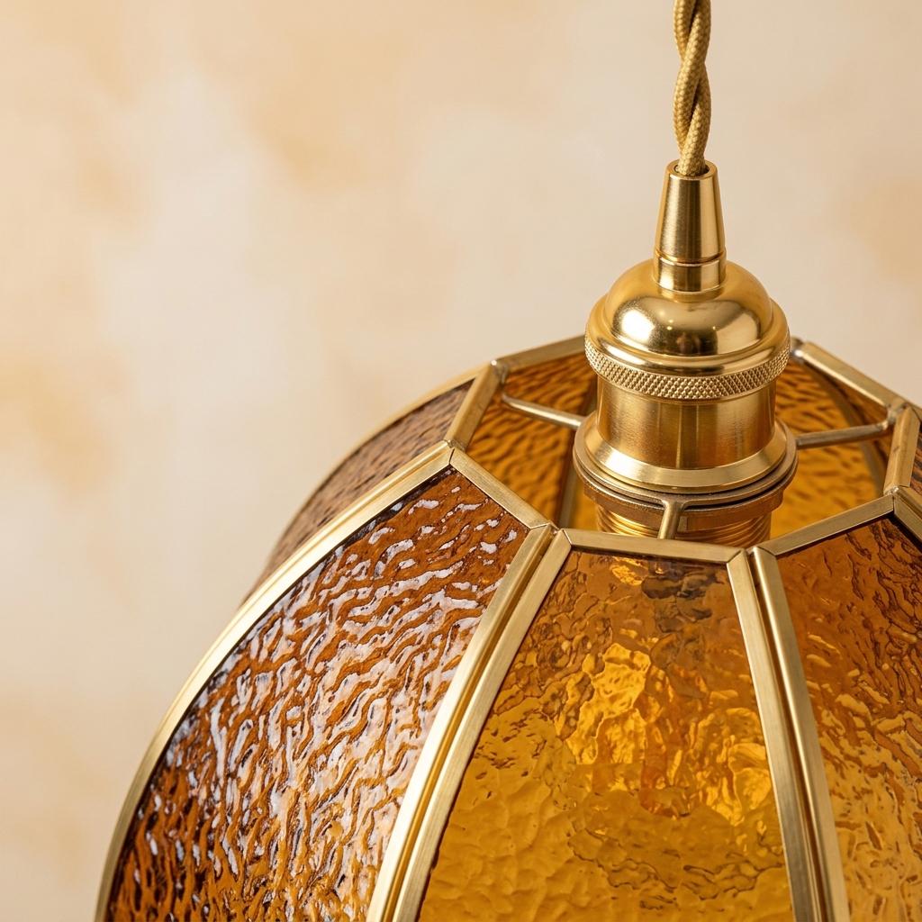 Amber Textured Glass Dome Pendant Light, Vintage Art Deco Brass Ceiling Lamp