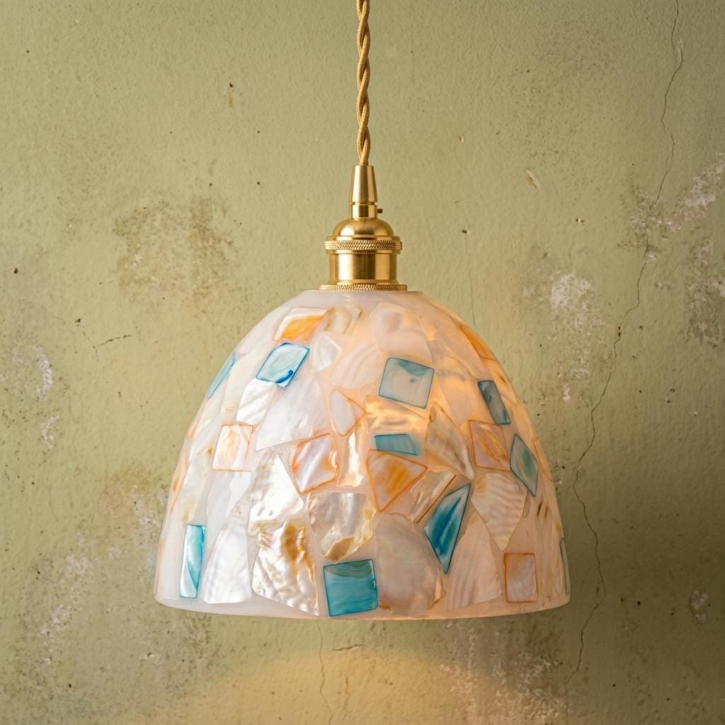 Mosaic Shell Table Pendant Light , Coastal Dome Decor, Capiz Pearl Replacement Lamp