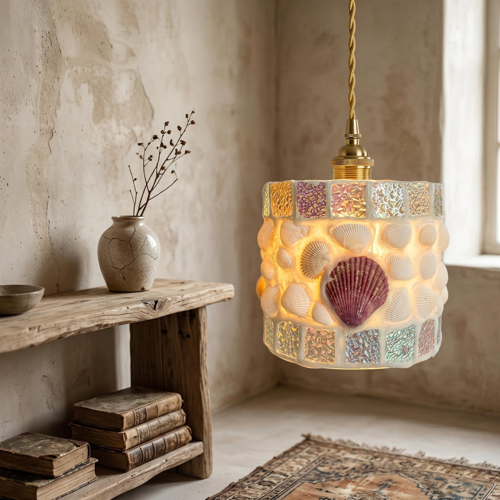 Seashell Mosaic Pendant Light, Coastal Beach House Lamp