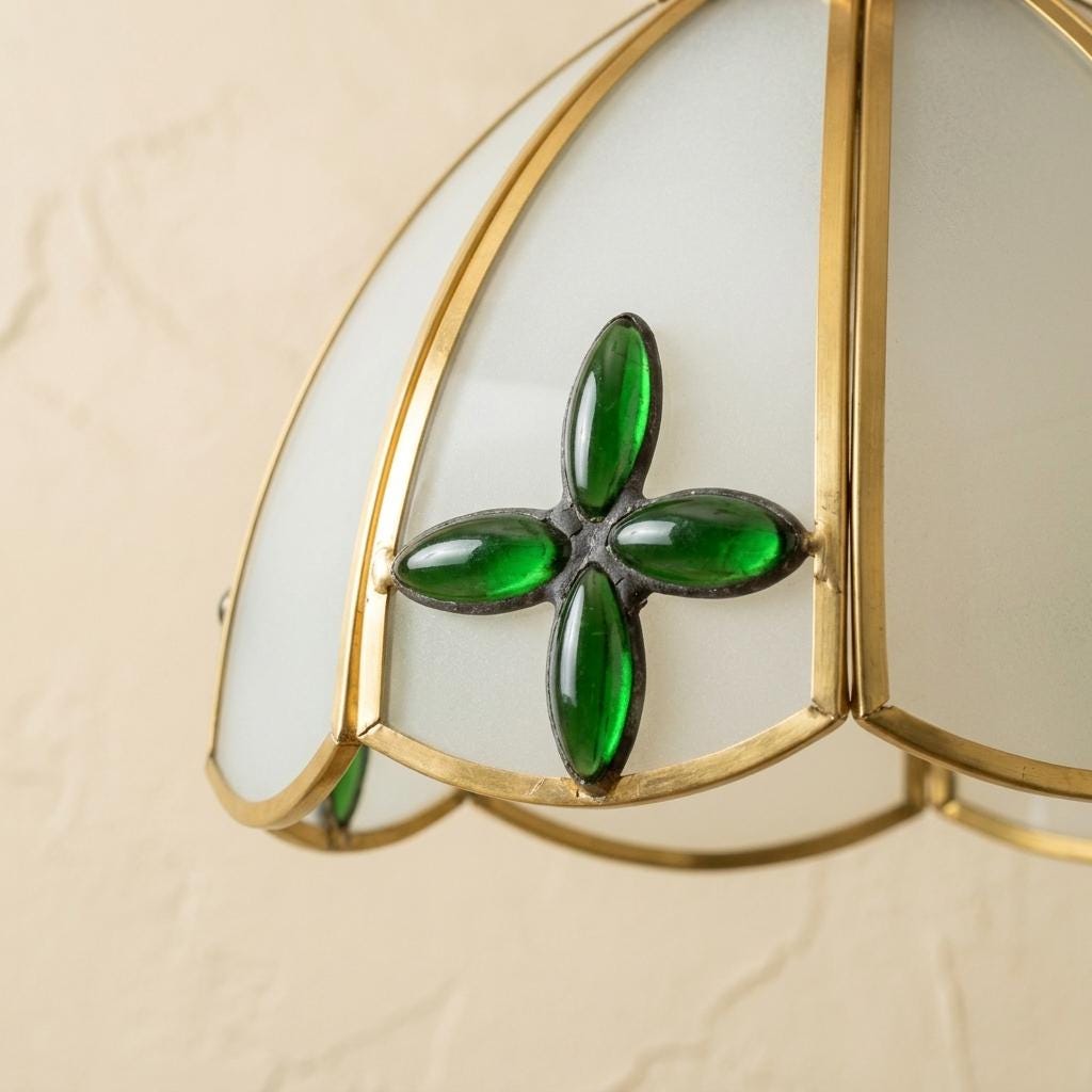 Green Floral Stained Glass Pendant Light, Cream Scalloped Dome Ceiling Lamp