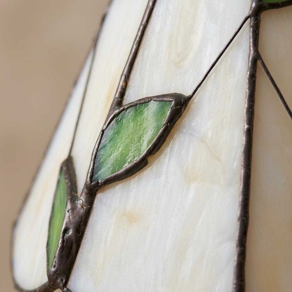 Stained Glass Pendant Light, Green Leaf Vine Hanging Lamp, Cream Scalloped Tiffany Style Ceiling Light, Cottagecore Botanical Decor