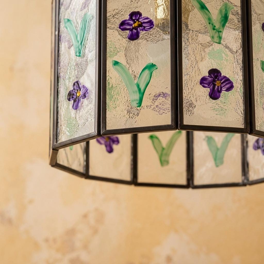 Violet Flower Stained Glass Pendant Light, Purple Floral Hanging Lamp, Geometric Tiffany Style Ceiling Light, Cottagecore Lighting
