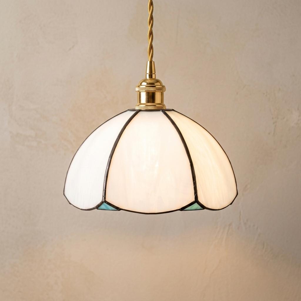 Stained Glass Pendant Light, Cream Scalloped Flower Hanging Lamp, Small Tiffany Style Ceiling Fixture, Cottagecore Decor