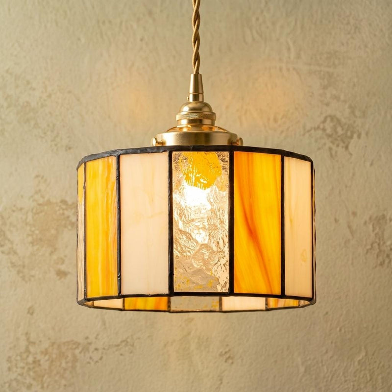 Amber Cream Stained Glass Pendant Light, Geometric Drum Hanging Lamp, Mid Century Decor