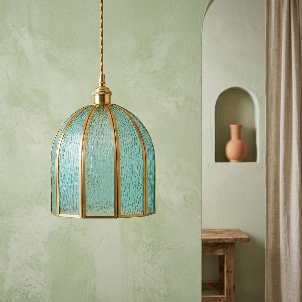 Aqua Blue Stained Glass Pendant Light, Vintage Brass Frame Hanging Lamp