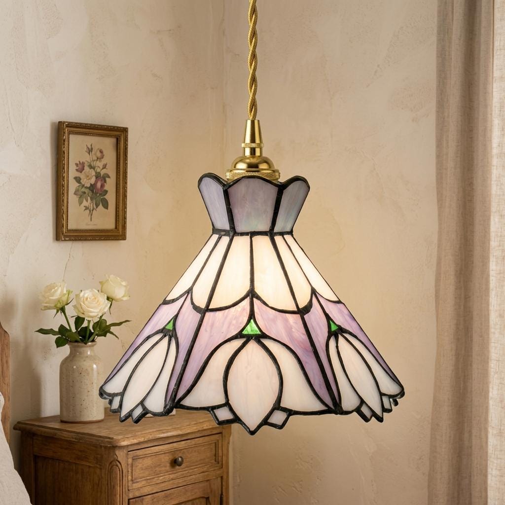 Stained Glass Lampshade, Pastel Blue Lavender Floral Tiffany Style Shade, Small Replacement Table Lamp Shade, 7.1 Inch Wide