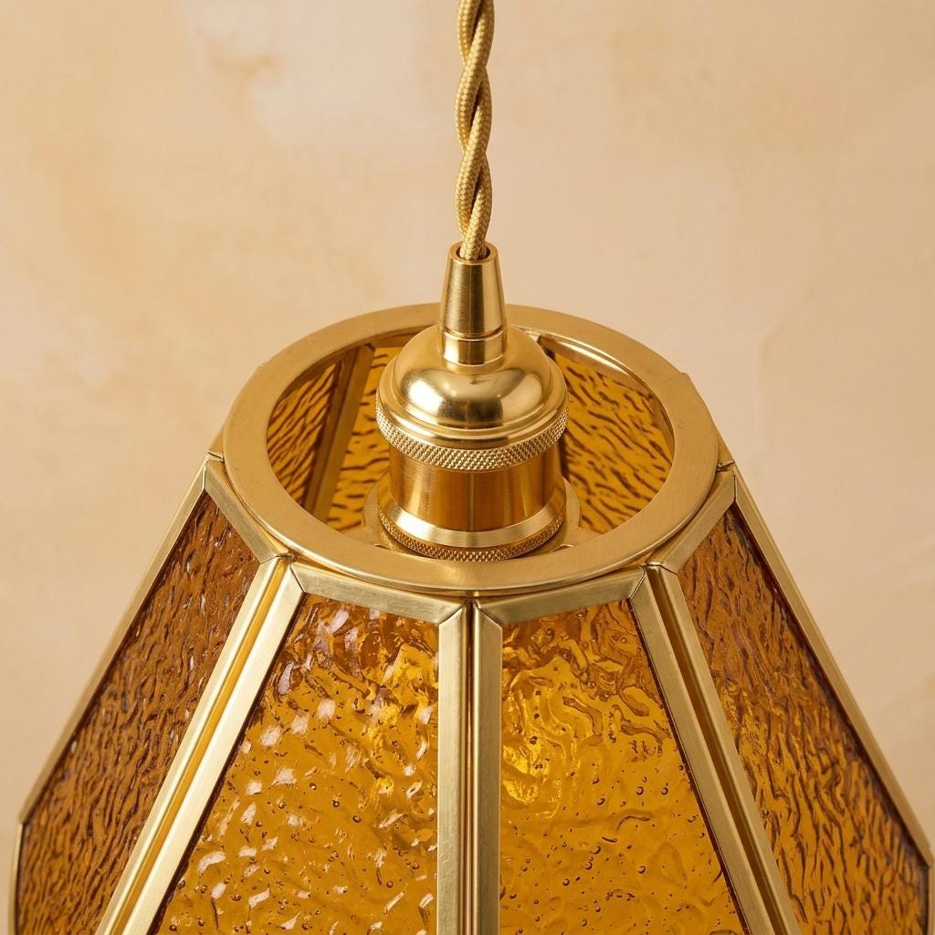 Amber Scalloped Glass Pendant Light, Vintage Style Cottagecore Hanging Lamp