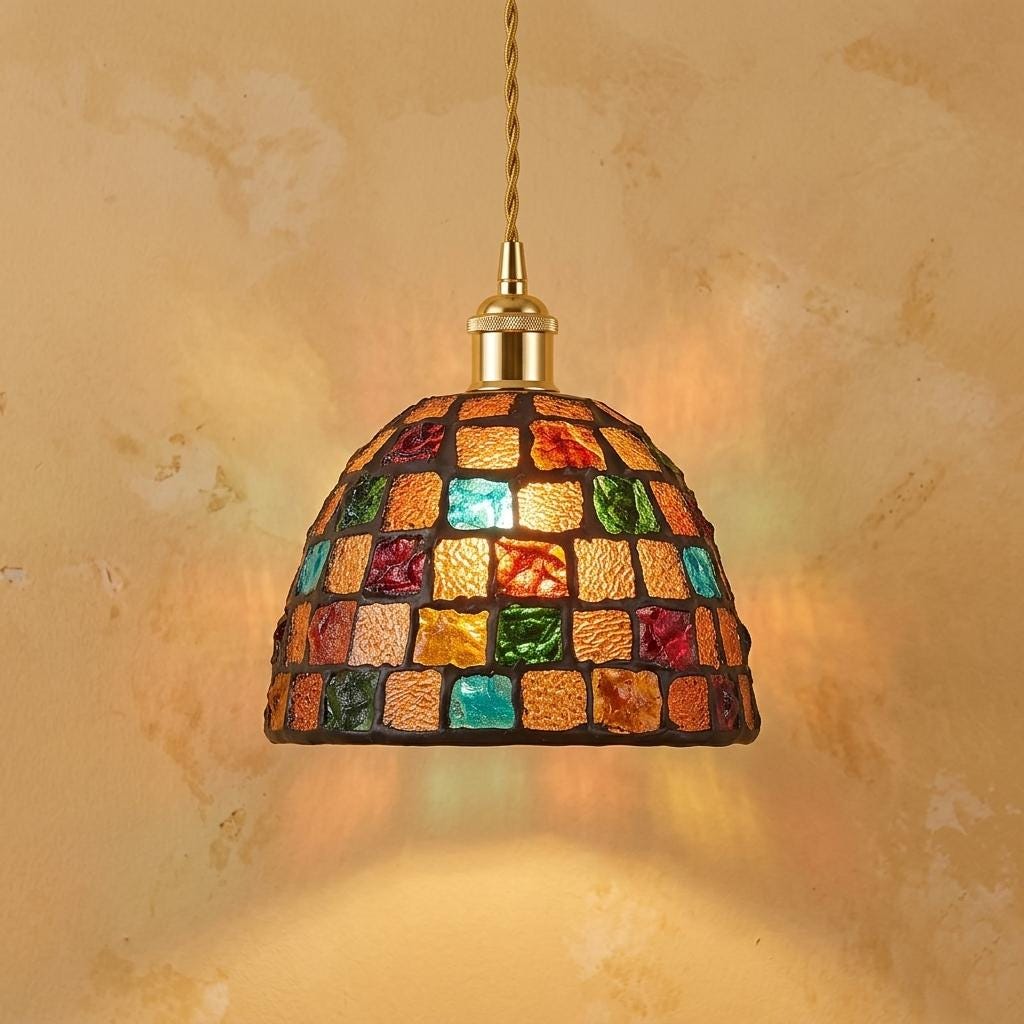 Handcrafted Mosaic Glass Pendant Light , Eclectic Maximalist Decor Accent Lamp
