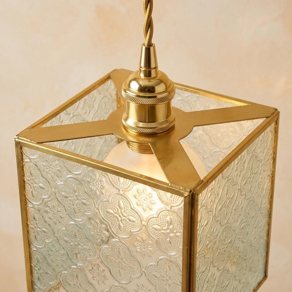 Textured Glass Pendant Light, Square Brass Tone Hanging Lamp, Vintage Style Entryway Kitchen Lighting
