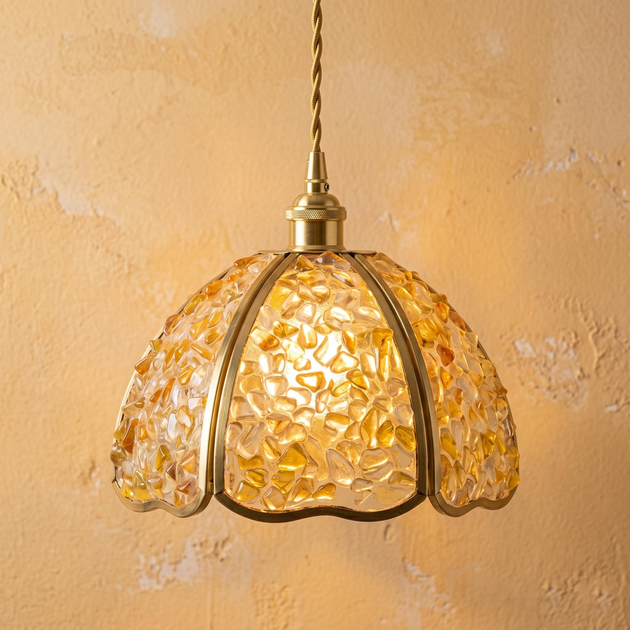 Handmade Amber Agate Mosaic Pendant Light , Scalloped Art Glass Lighting, Cottage Decor Lamp