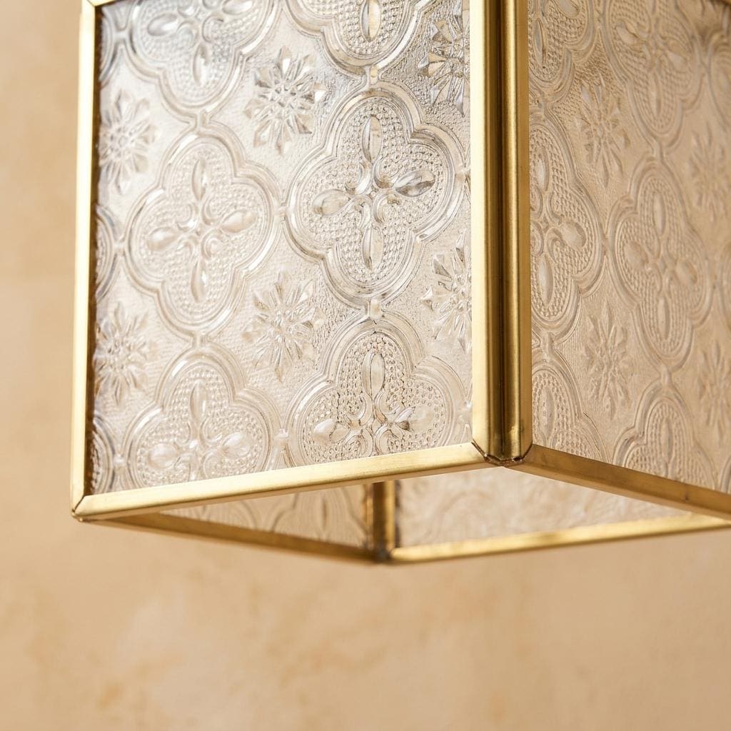 Small Square Embossed Glass Pendant Light, Vintage Brass Hanging Lamp, Boho Artisan Fixture