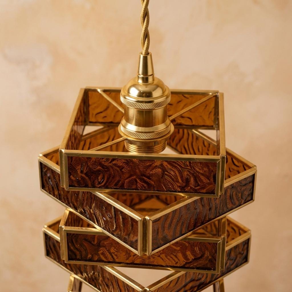 Amber Geometric Stained Glass Pendant Light, Vintage Gold Frame Hanging Lamp Fixture