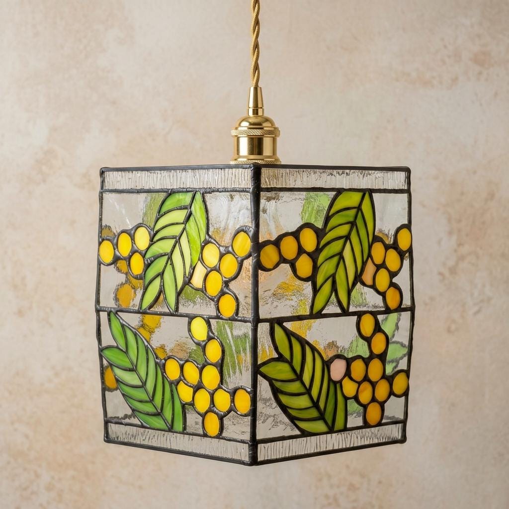 Stained Glass Pendant Light, Yellow Floral Green Leaf Hanging Lamp, Tiffany Style Botanical Ceiling Light, Cottagecore Decor
