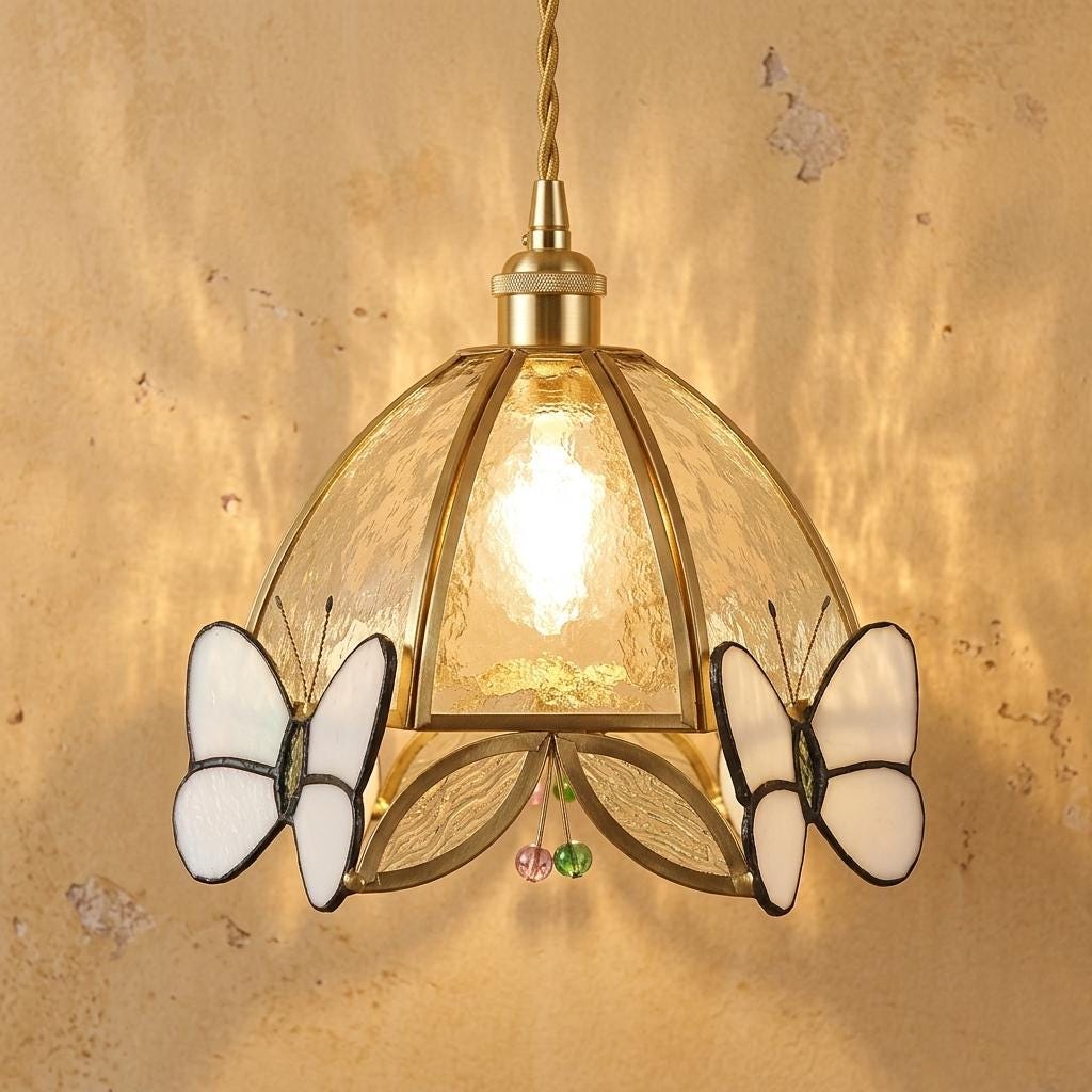 Butterfly Stained Glass Pendant Light, Handmade Tiffany Style Hanging Lamp Shade, Pink Floral Dome Light for Cottagecore Nursery Decor