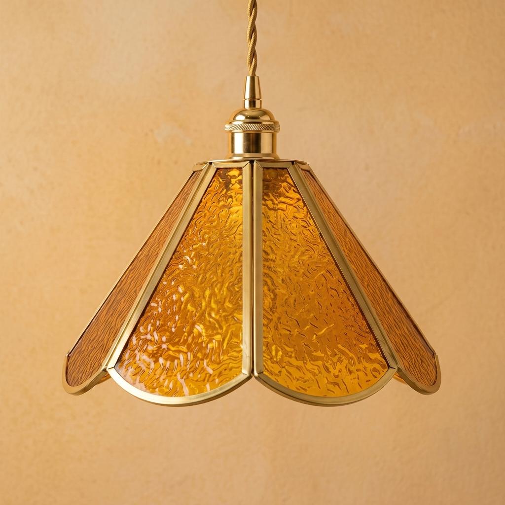Amber Scalloped Glass Pendant Light, Vintage Honey Gold Ceiling Fixture