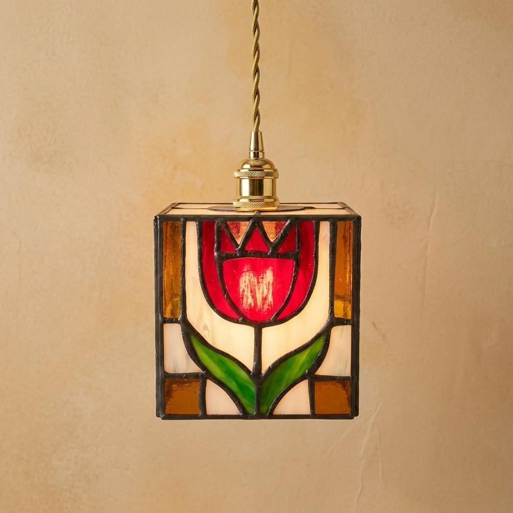 Stained Glass Pendant Light, Pink Tulip Flower Hanging Lamp, Tiffany Style Square Ceiling Light, Cottagecore Floral Decor