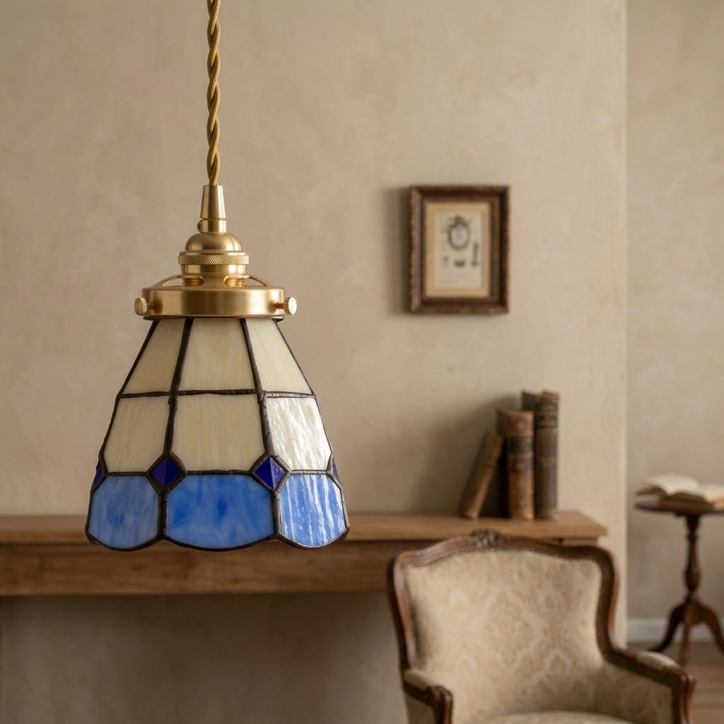 Handmade Blue Cream Geometric Stained Glass Pendant Light, Vintage Boho Mini Hanging Lamp