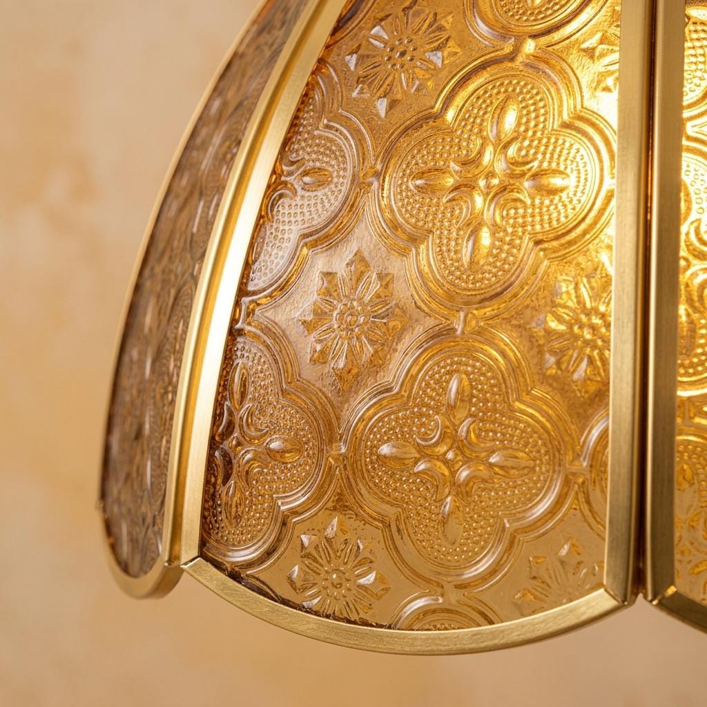 Amber Embossed Floral Glass Pendant Light, Vintage Golden Dome Hanging Lamp