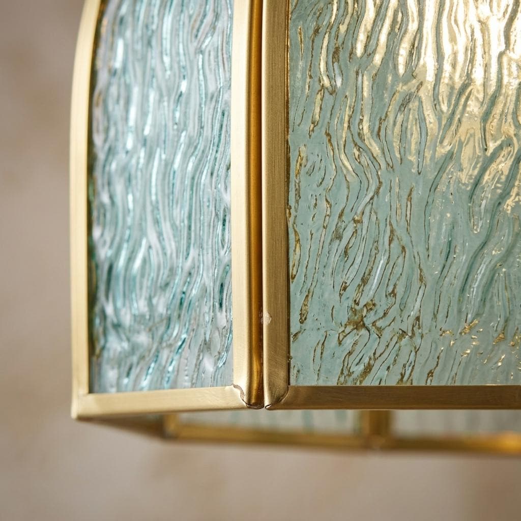 Aqua Blue Stained Glass Pendant Light, Vintage Brass Frame Hanging Lamp