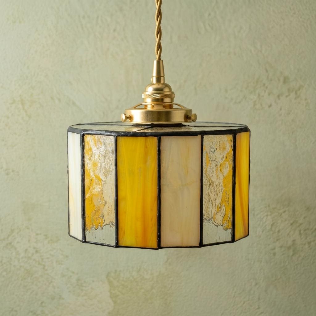Amber Cream Stained Glass Pendant Light, Geometric Drum Hanging Lamp, Mid Century Decor