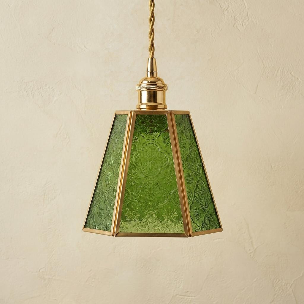 Handmade Green Embossed Glass Lamp Shade, Vintage Brass Art Nouveau Accent Light