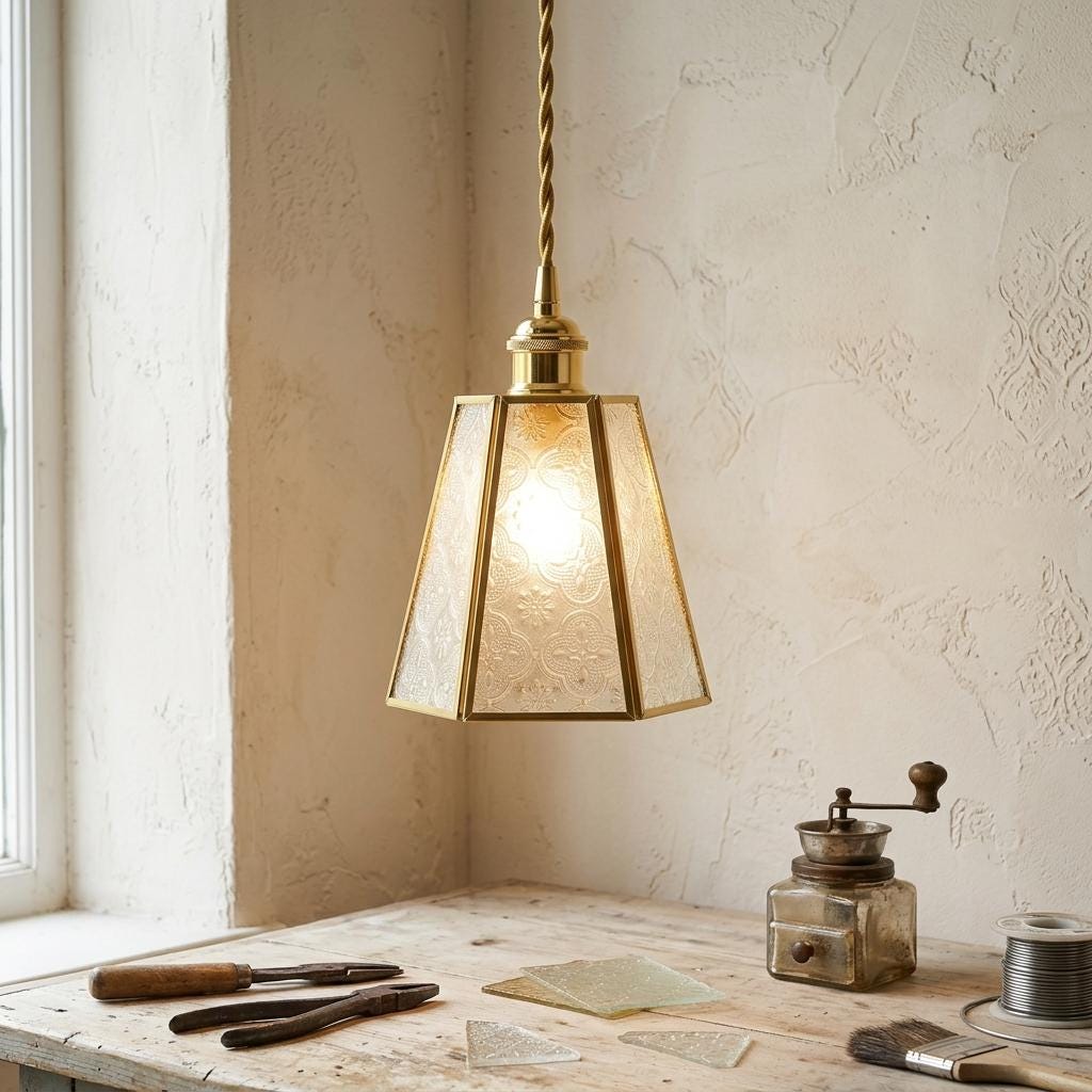 Textured Glass Pendant Light, Gold Tone Geometric Shade, Vintage Art Deco Hanging Lamp