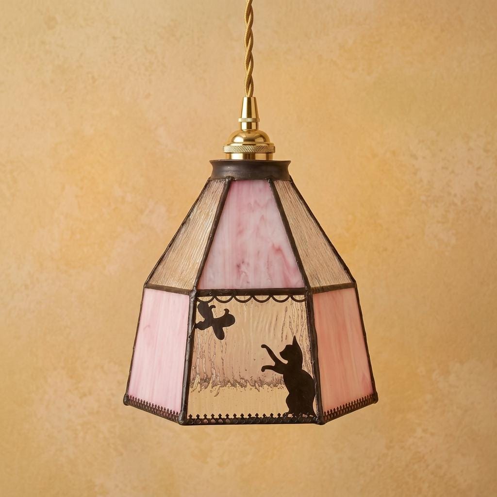 Handmade Pink Stained Glass Cat Lampshade, Vintage Style Replacement Shade