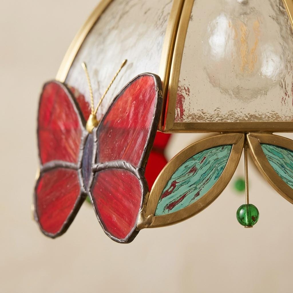 Red Butterfly Stained Glass Pendant Light, Tiffany Style Hanging Lamp, Handmade Cottagecore Lamp, Whimsical Kitchen Island Decor