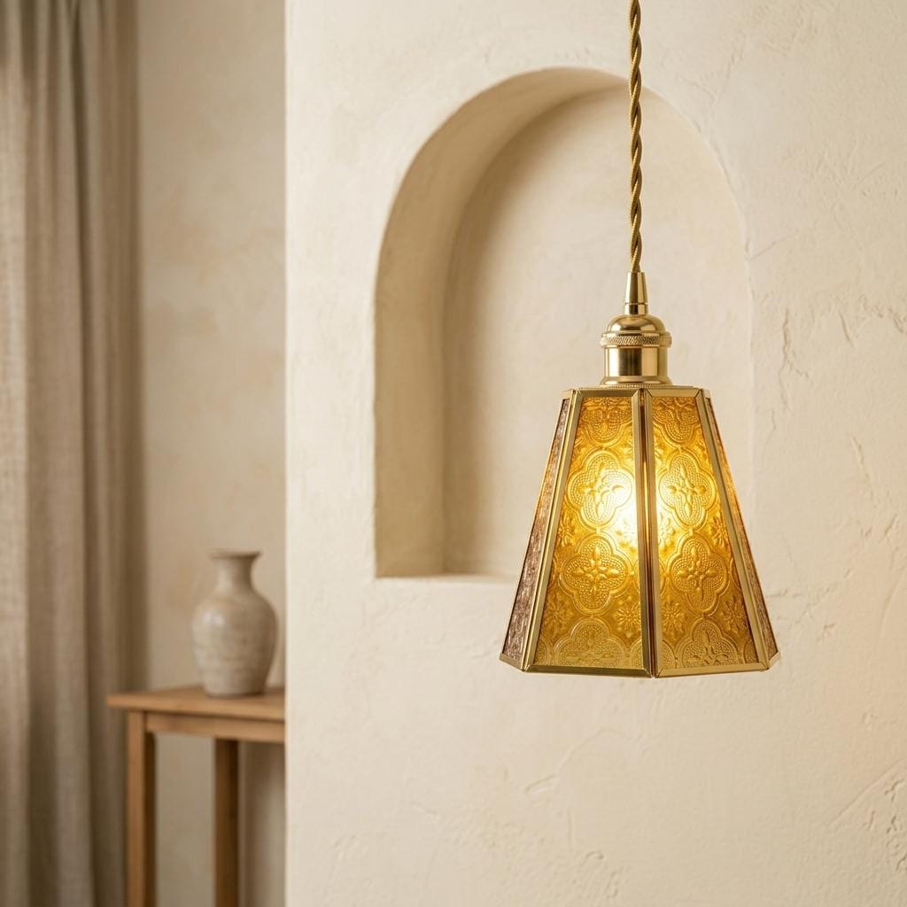 Amber Glass Pendant Light, Ornate Gold Floral Pattern Hanging Lamp