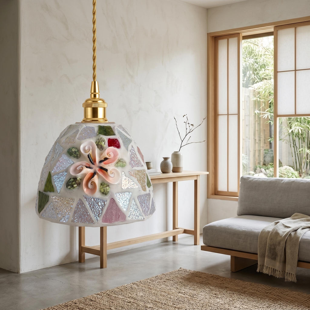 Handmade Coastal Mosaic Glass Pendant Light , Seashell Flower Art Lamp, Beach House Decor