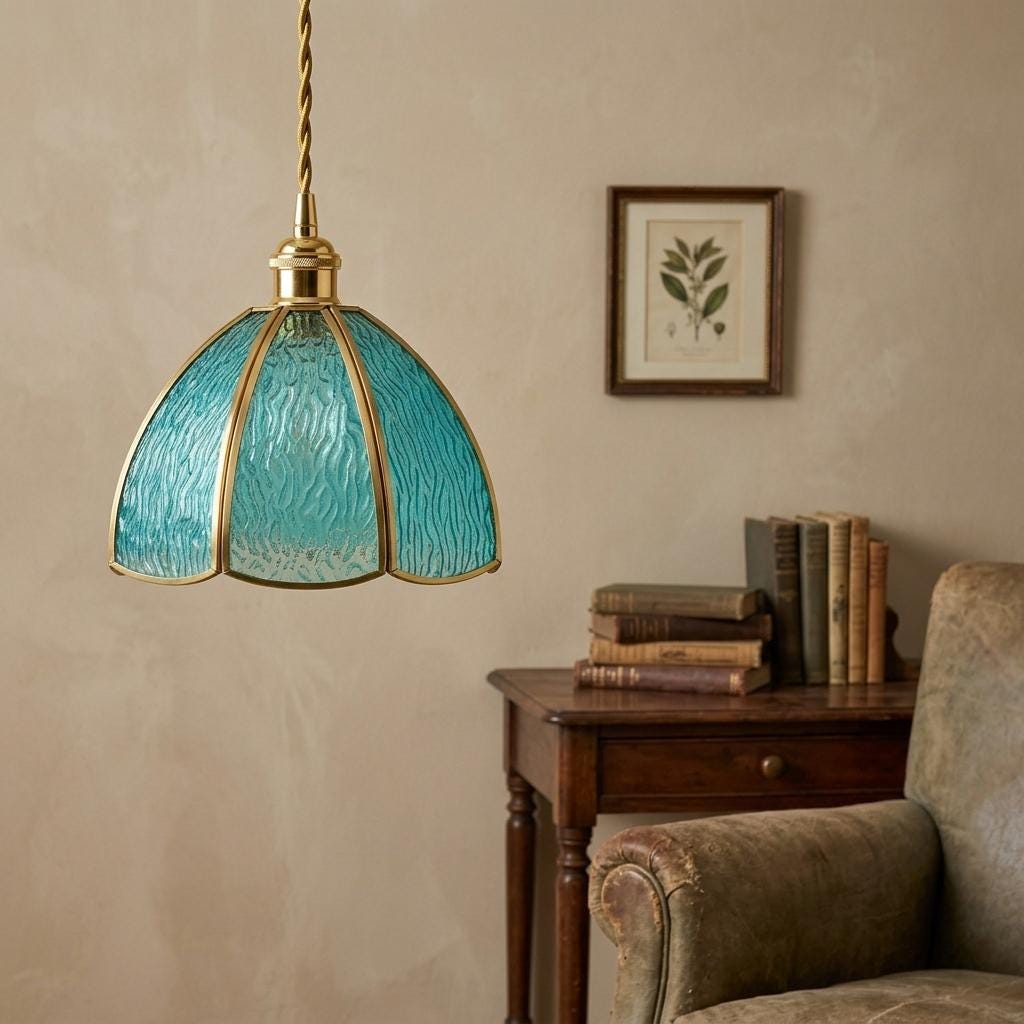 Aqua Blue Textured Glass Dome Pendant Light, Vintage Coastal Brass Fixture