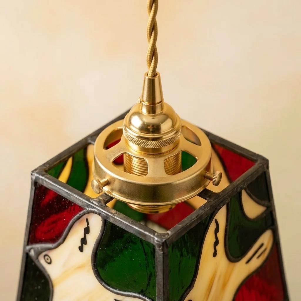 Dove Stained Glass Pendant Light, Red Green Tiffany Style Hanging Lamp, Small Bird Glass Ceiling Light, Vintage Christmas Decor