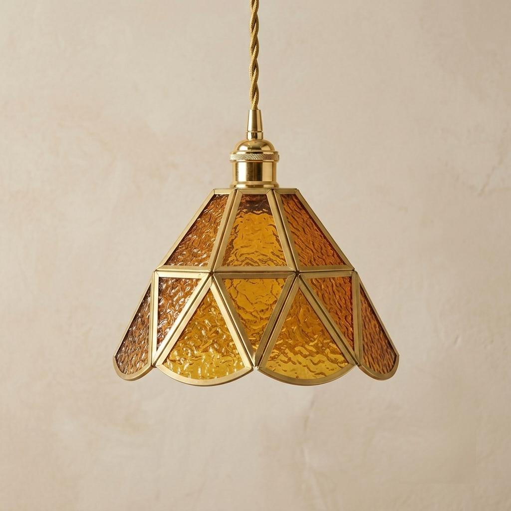 Amber Stained Glass Pendant Light, Scalloped Tiffany Style Hanging Lamp, Vintage Inspired Small Ceiling Light