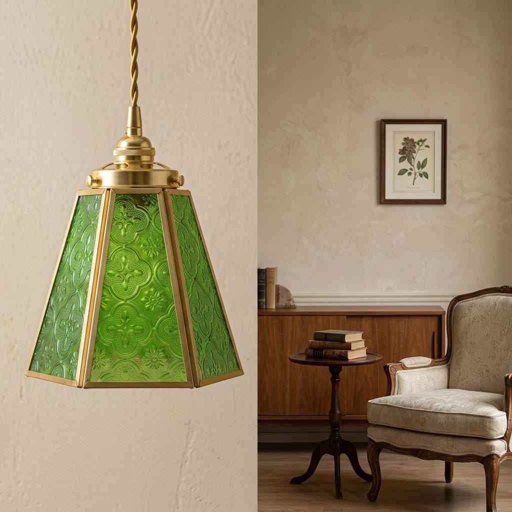 Green Embossed Glass Pendant Light, Vintage Floral Hanging Lamp, Entryway Fixture