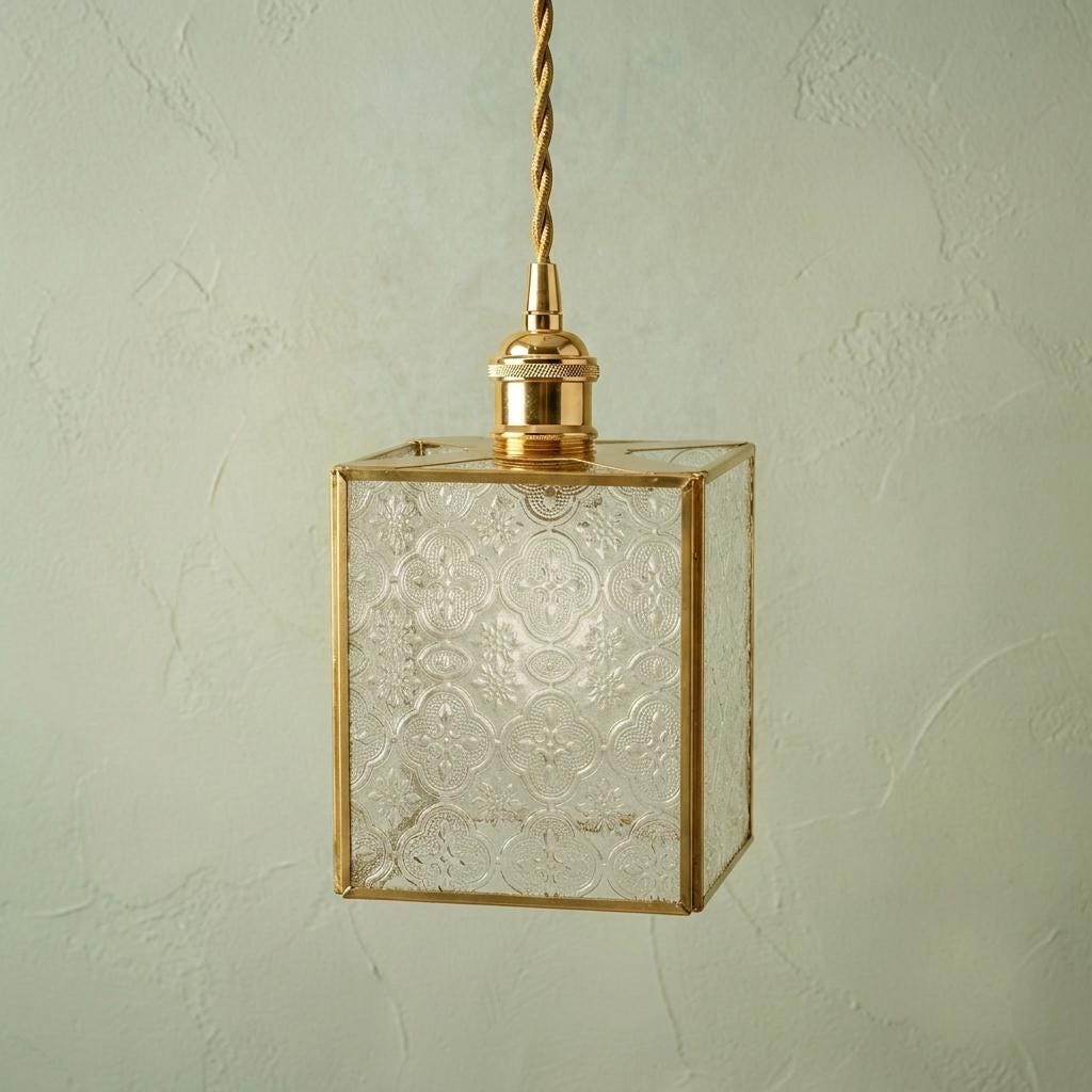 Textured Glass Pendant Light, Square Brass Tone Hanging Lamp, Vintage Style Entryway Kitchen Lighting