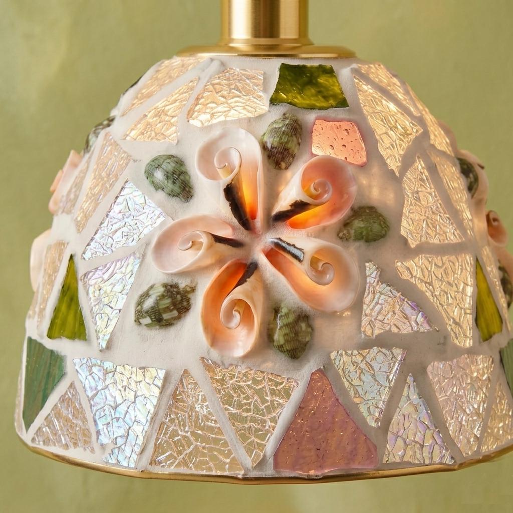 Handmade Coastal Mosaic Glass Pendant Light , Seashell Flower Art Lamp, Beach House Decor