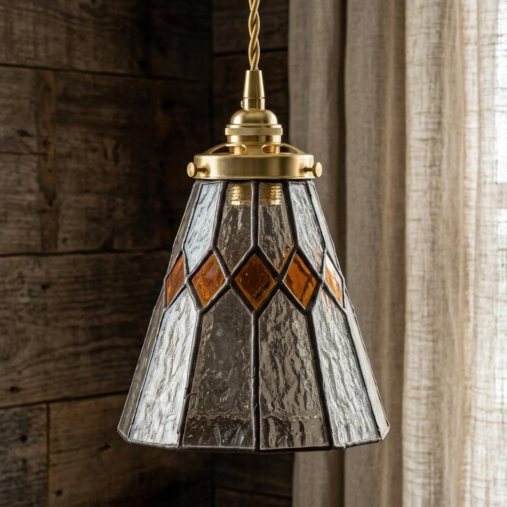 Stained Glass Pendant Light, Clear Textured Amber Diamond Shade, Vintage Kitchen Island Fixture