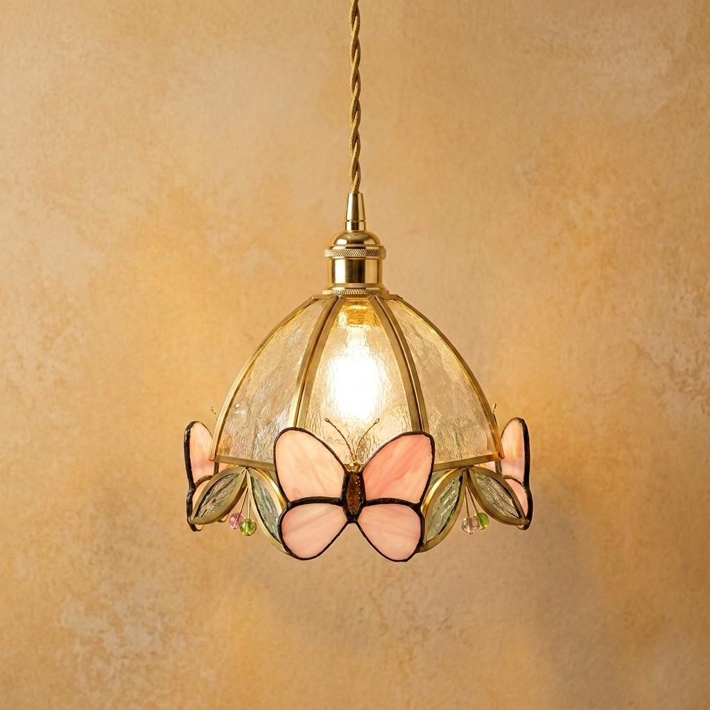 Pink Butterfly Stained Glass Pendant Light, Handmade Tiffany Style Hanging Lamp, Cottagecore Floral Glass Light, Butterfly Ceiling Lamp