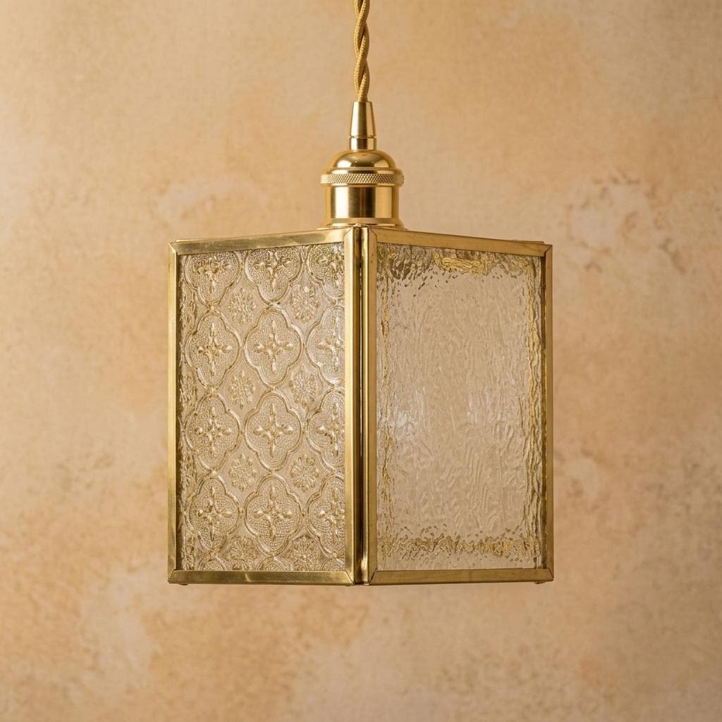 Textured Glass Pendant Light, Square Brass Frame Hanging Lamp, Vintage Kitchen Island Light (10cm)