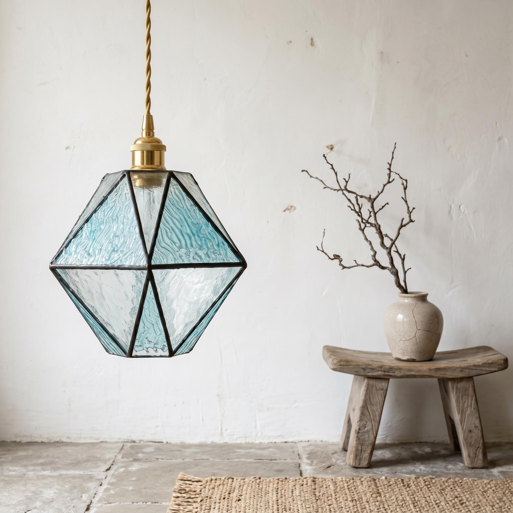 Handmade Geometric Stained Glass Pendant Light, Aqua Blue Textured Glass Hanging Lamp