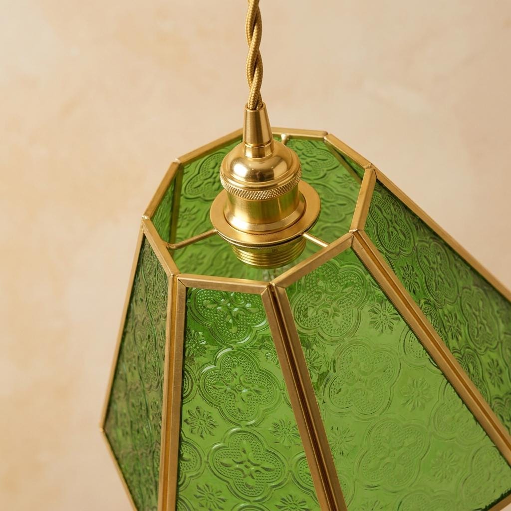 Handmade Green Embossed Glass Lamp Shade, Vintage Brass Art Nouveau Accent Light