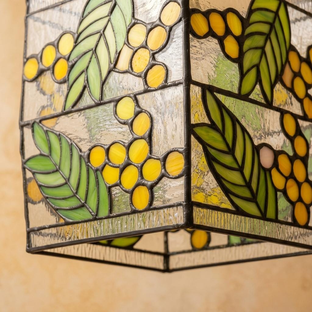 Stained Glass Pendant Light, Yellow Floral Green Leaf Hanging Lamp, Tiffany Style Botanical Ceiling Light, Cottagecore Decor