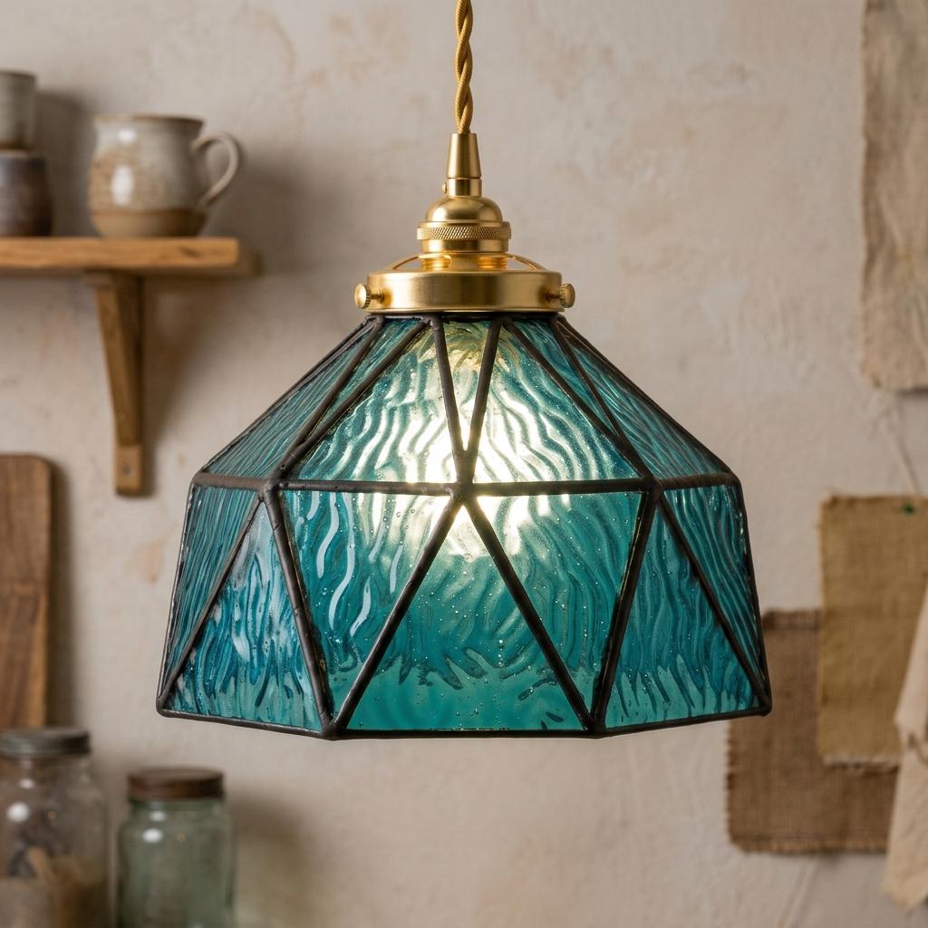 Teal Geometric Stained Glass Pendant Light, Textured Vintage Style Hanging Lamp