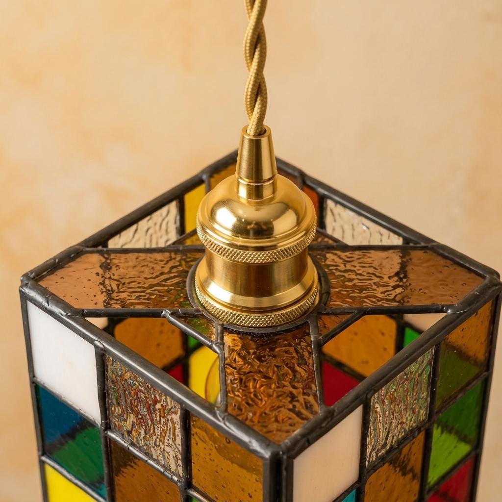 Colorful Stained Glass Pendant Light, Square Mosaic Hanging Lamp, Vintage Boho Accent Fixture