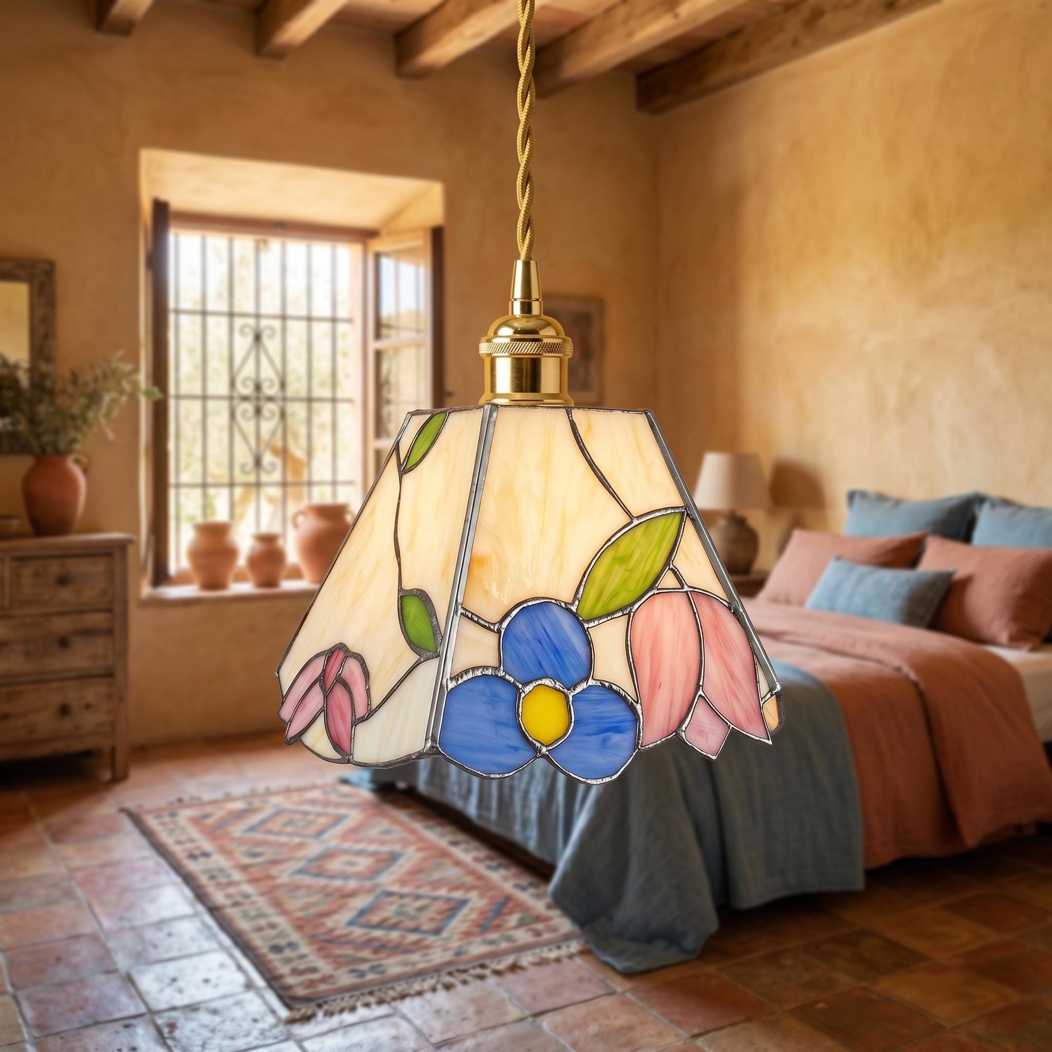 Handmade Floral Stained Glass Pendant Light, Tiffany Style Tulip Flower Hanging Lamp, Cottagecore Ceiling Light, Small Kitchen Island Light